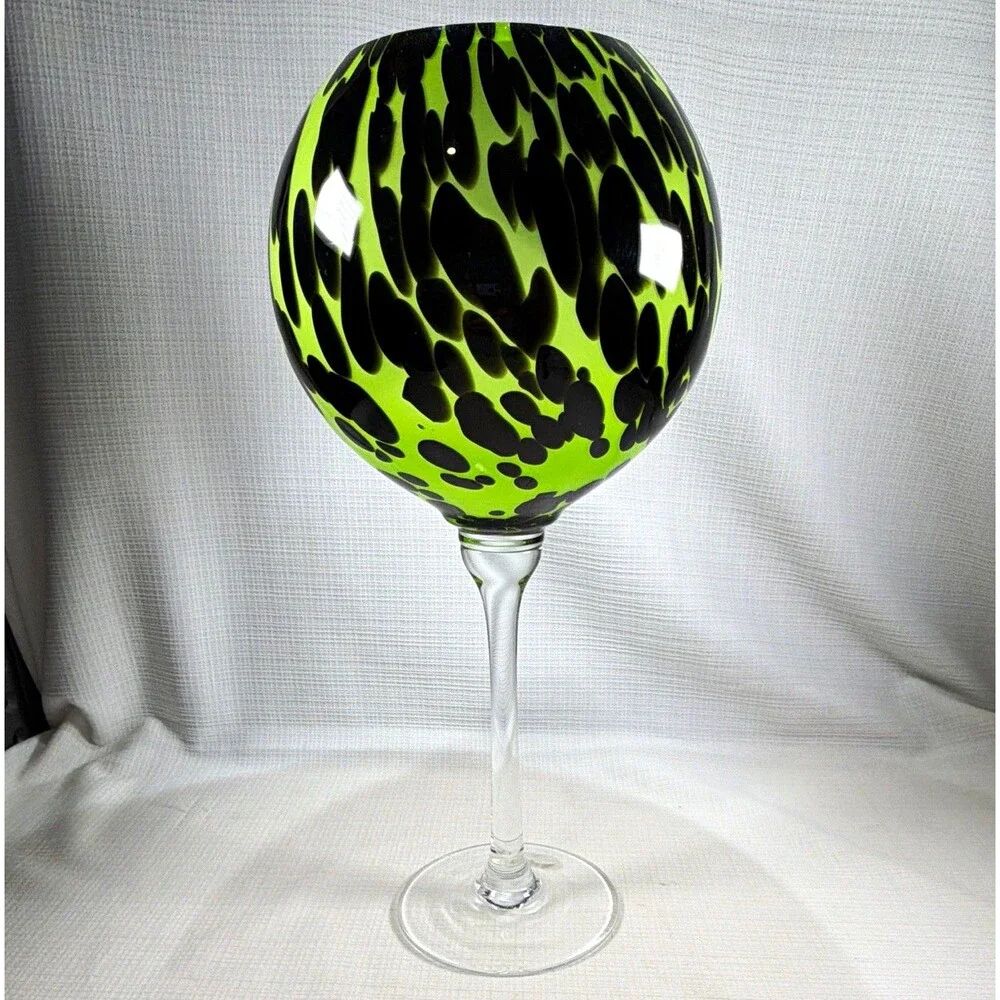 RO Home Hand-Blown Green & Black Tortoise Leopard Art Goblet Vase - 13.25